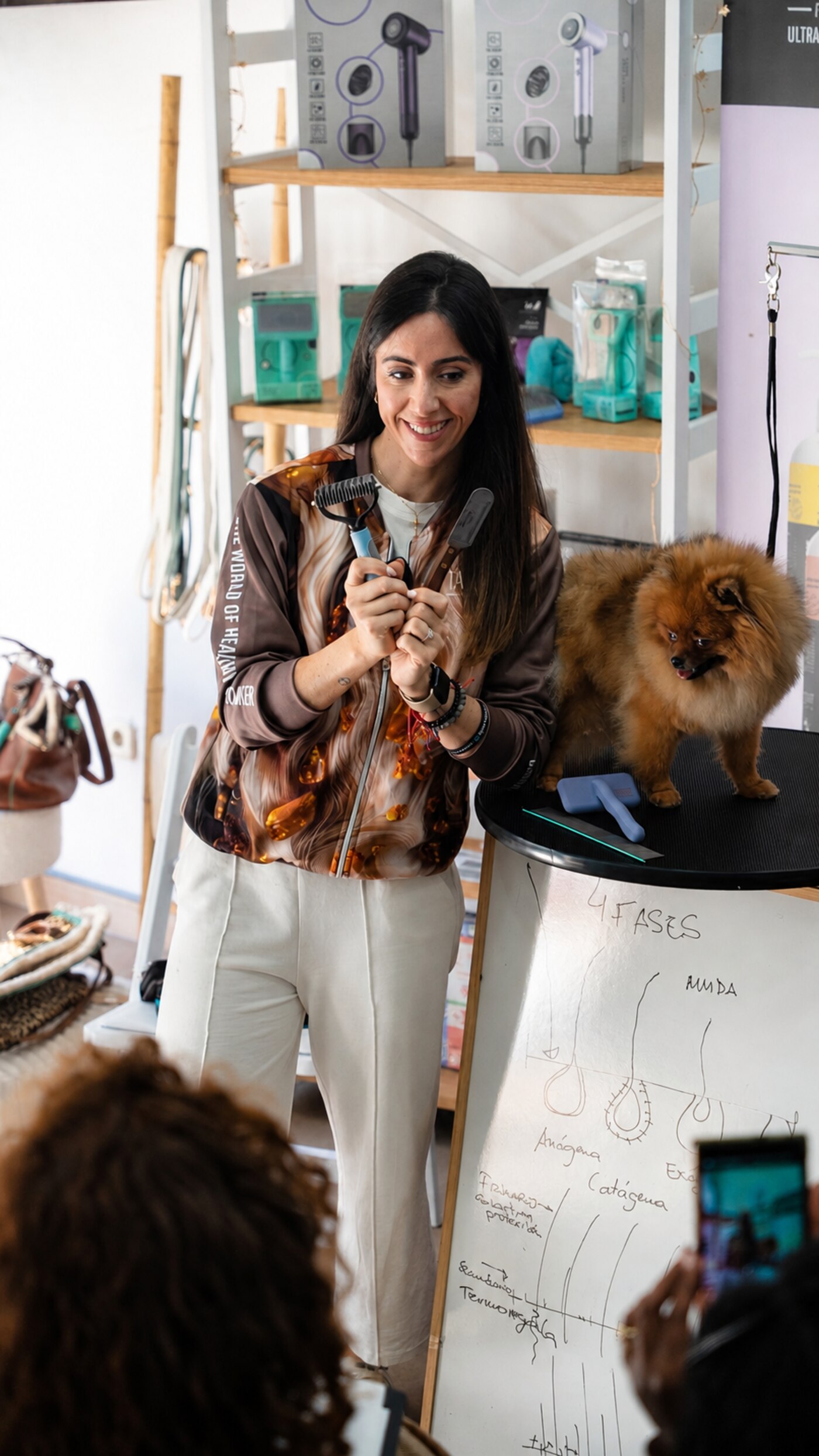Carmen teaching a Pomeranian coat seminar